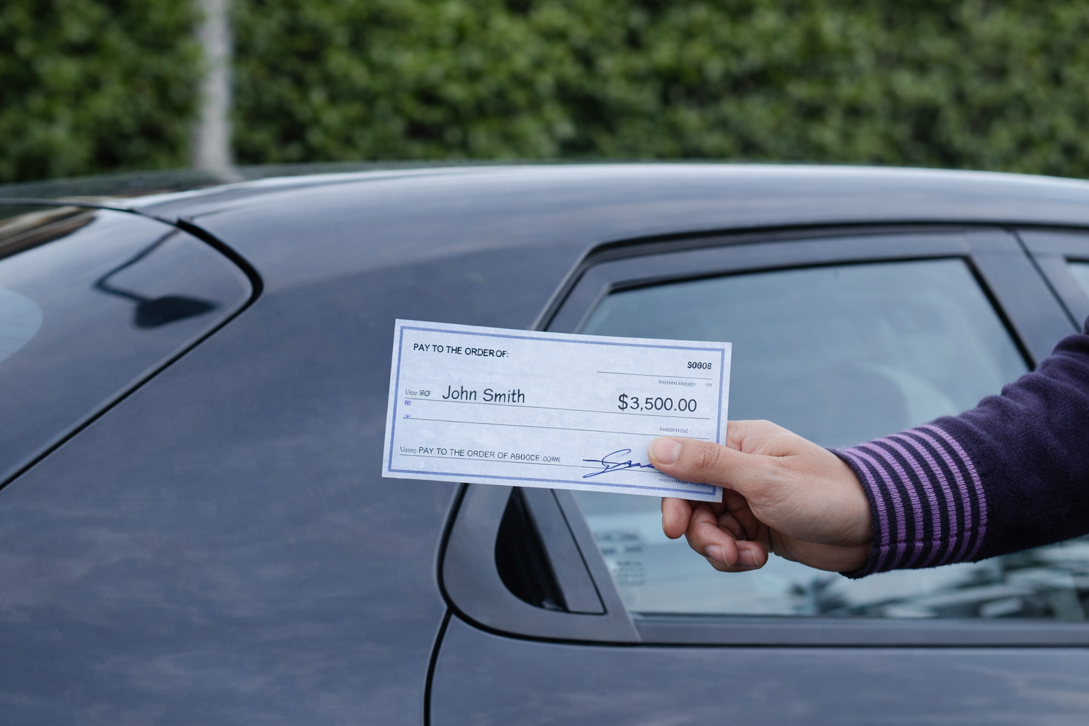 Hand holding a company check for $3,500 in front of a car