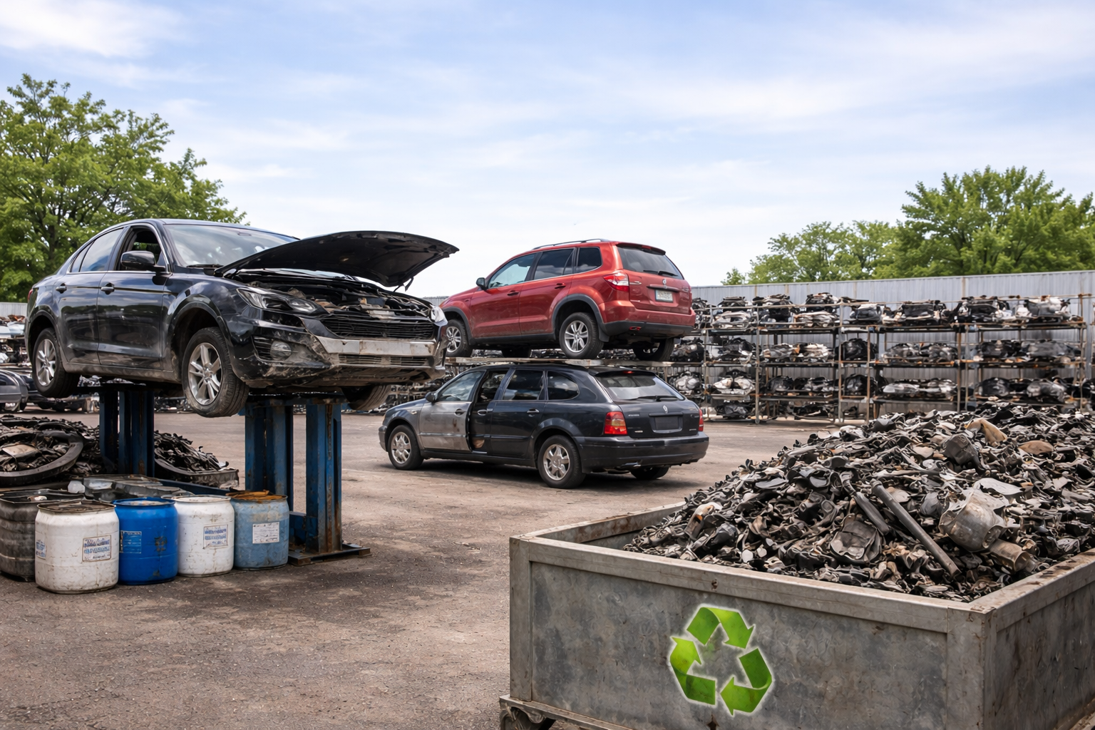 Auto recycling yard with vehicles on lifts and recycling symbol