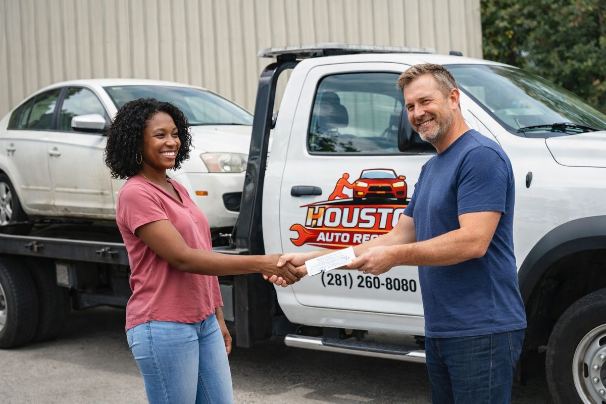 Sell your junk car Houston - customer receiving company check at Houston Auto Recyclers