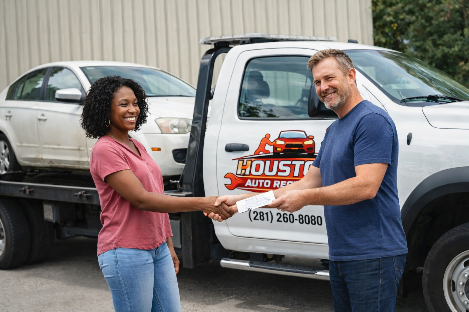 Customer receiving company check at Houston Auto Recyclers
